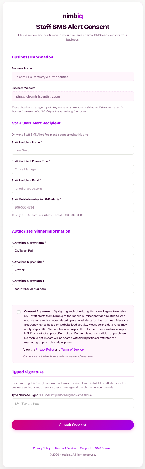 Full recipient-specific Staff SMS Alert consent form showing business information, staff recipient fields, authorized signer fields, consent agreement, and typed signature