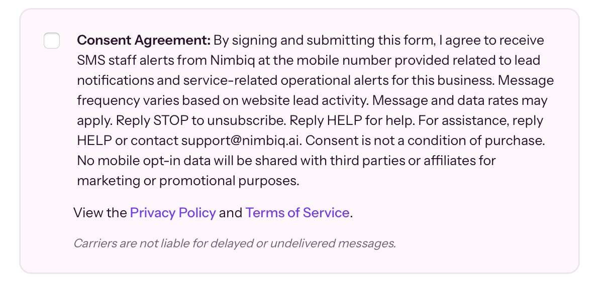Close-up of SMS consent disclosure language with consent agreement checkbox, privacy policy link, terms of service link, and carrier liability disclaimer