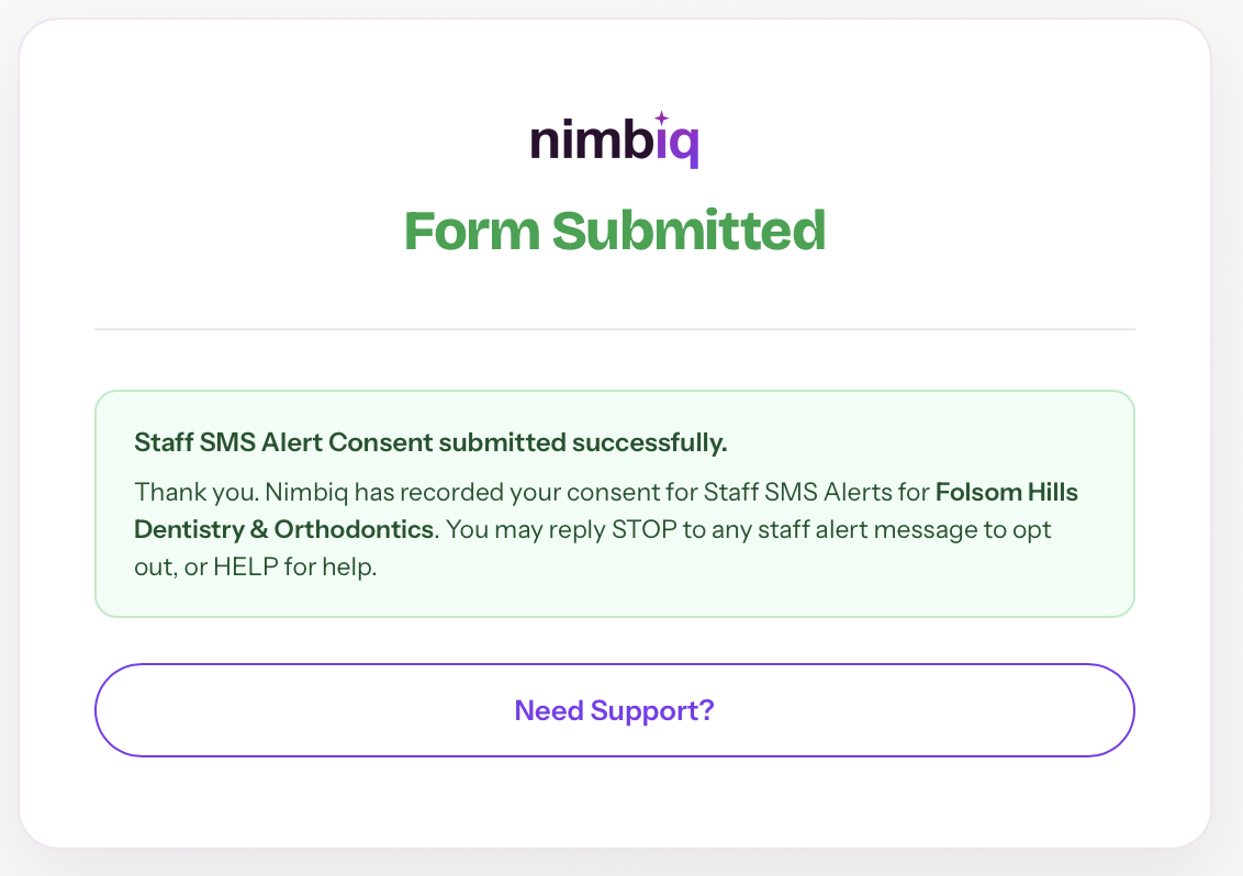 Post-submit confirmation screen showing Staff SMS Alert Consent submitted successfully for Folsom Hills Dentistry and Orthodontics